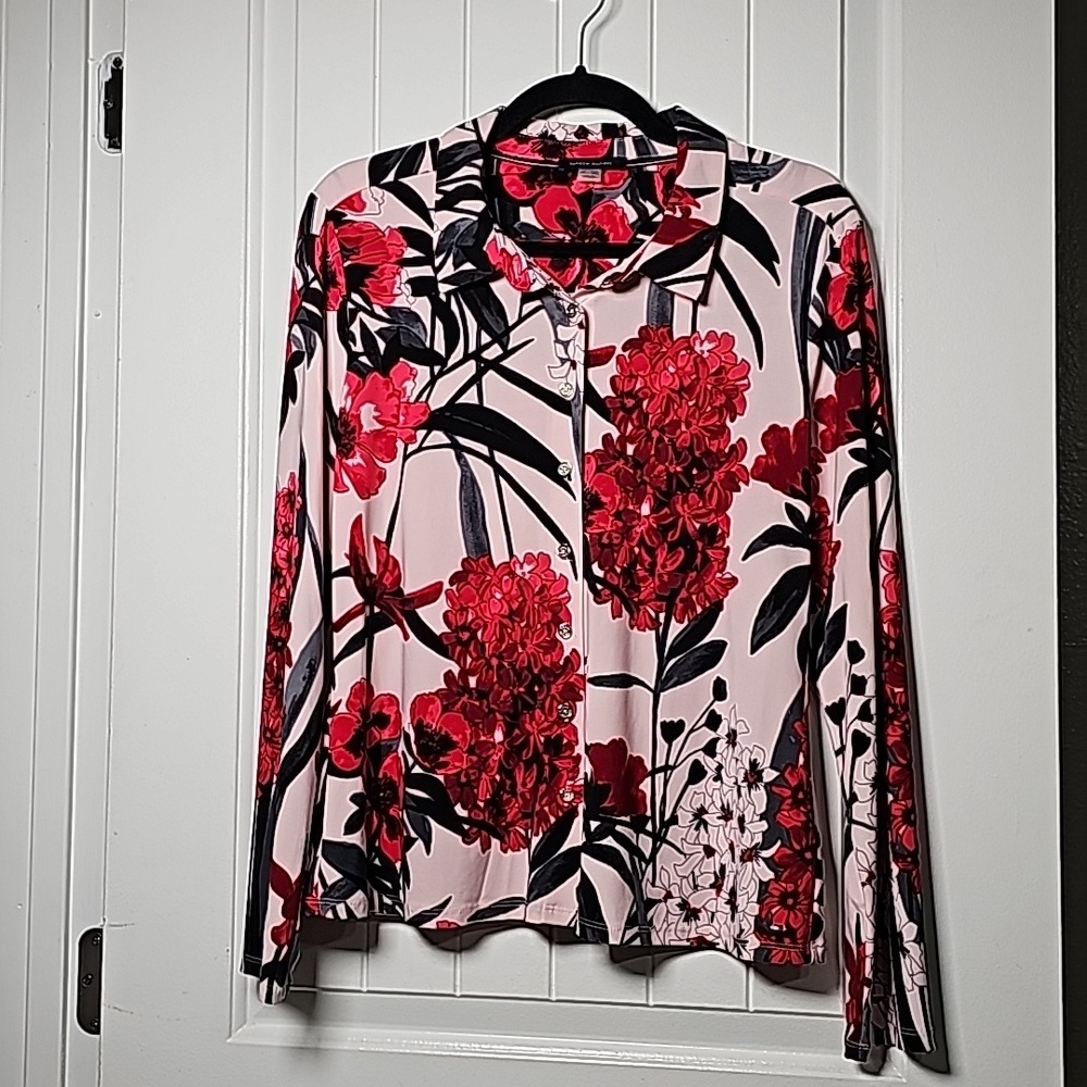 Tommy Hilfiger L red/white/black floral long sleeve button down blouse